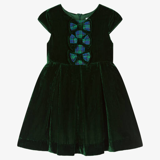 Rachel Riley-Girls Green Velvet Tartan Bow Dress | Childrensalon Outlet