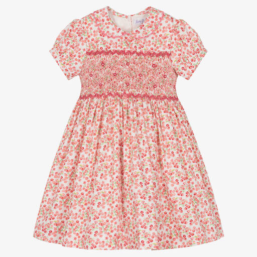 Rachel Riley-Girls Pink & White Floral Hand-Smocked Dress | Childrensalon Outlet