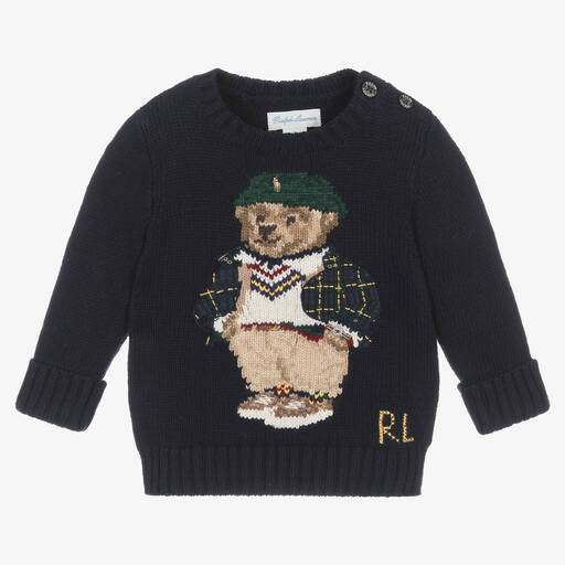 Ralph Lauren-Pull bleu Polo Bear bébé garçon | Childrensalon Outlet