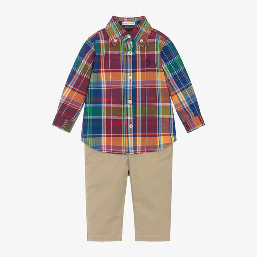Ralph Lauren-طقم بنطلون وقميص قطن كاروهات لون بيج للمواليد | Childrensalon Outlet