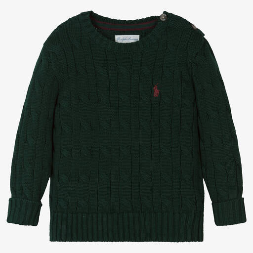 Ralph Lauren-Baby Boys Green Cotton Cable Knit Sweater | Childrensalon Outlet