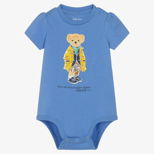 Ralph Lauren-Baby Girls Blue Cotton Bear Bodyvest | Childrensalon Outlet
