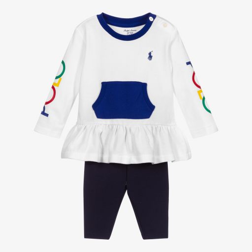 Ralph Lauren-طقم ليغنغز قطن بيكيه لون أبيض وأزرق للمولودات | Childrensalon Outlet