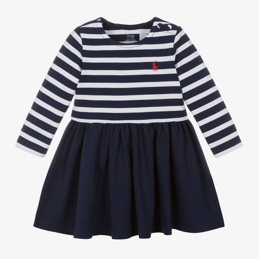 Ralph Lauren-فستان فيسكوز جيرسي مقلم لون كحلي للمولودات | Childrensalon Outlet