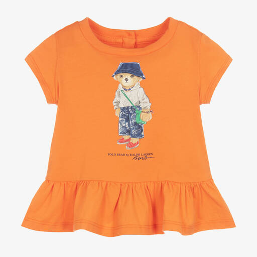 Ralph Lauren-Baby Girls Orange Cotton Bear T-Shirt | Childrensalon Outlet