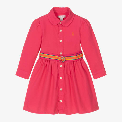 Ralph Lauren-فستان قميص قطن أكسفورد لون زهري فيوشيا | Childrensalon Outlet