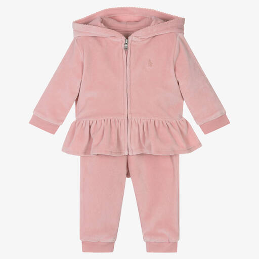 Ralph Lauren-بدلة رياضية هودي قطن قطيفة لون زهري للمولودات | Childrensalon Outlet