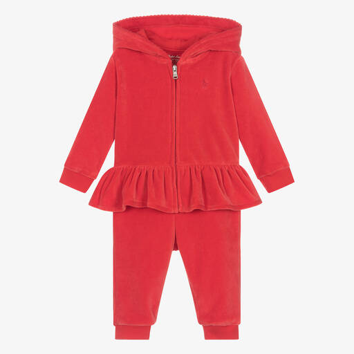 Ralph Lauren-بدلة رياضية قطن قطيفة لون أحمر للمولودات | Childrensalon Outlet