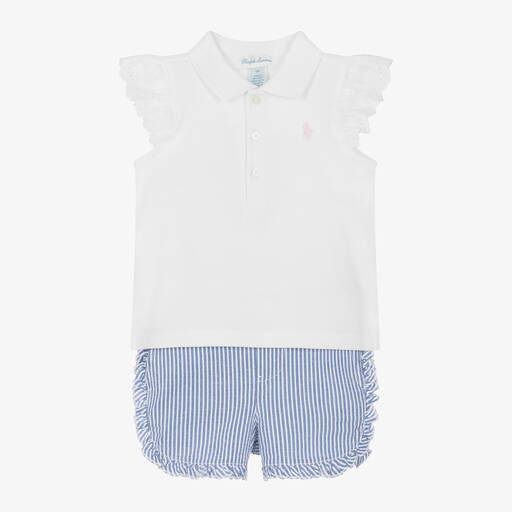 Ralph Lauren-Baby Girls White & Blue Cotton Shorts Set | Childrensalon Outlet