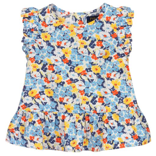 Поло Ralph Lauren-Голубой хлопковый топ в цветочек | Childrensalon Outlet