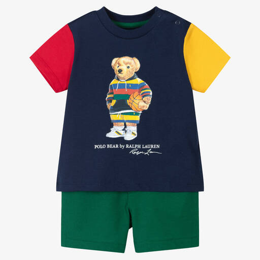 Ralph Lauren-طقم شورت قطن لون أزرق وأخضر للمواليد | Childrensalon Outlet