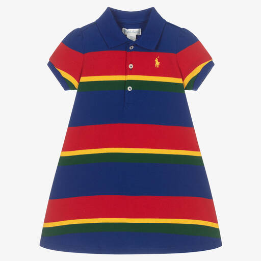 Ralph Lauren-طقم فستان قطن بيكيه مقلم لون أزرق للمولودات | Childrensalon Outlet