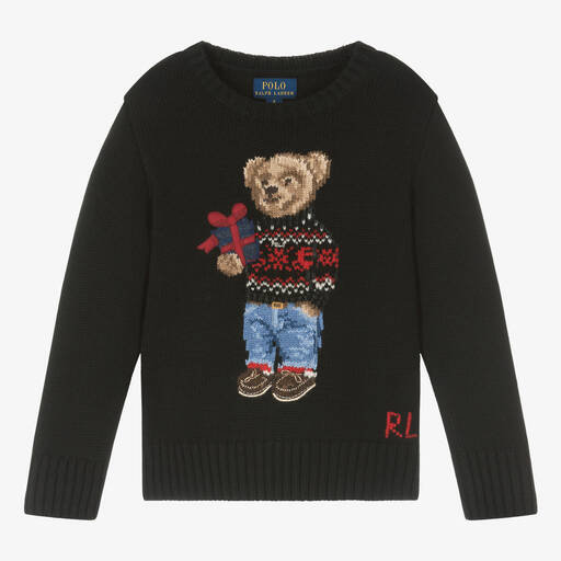 Ralph Lauren-Черный вязаный свитер с медвежонком для мальчиков | Childrensalon Outlet