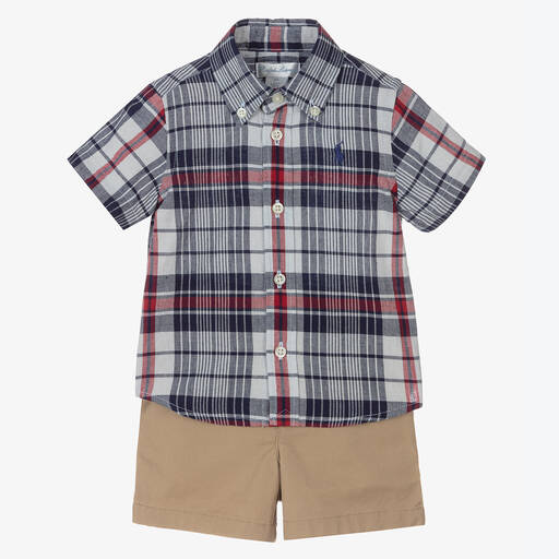 Ralph Lauren-طقم شورت مزيج قطن لون أزرق وبيج للمواليد | Childrensalon Outlet