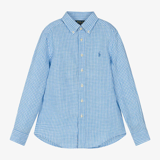 Ralph Lauren-Boys Blue Check Linen Shirt | Childrensalon Outlet