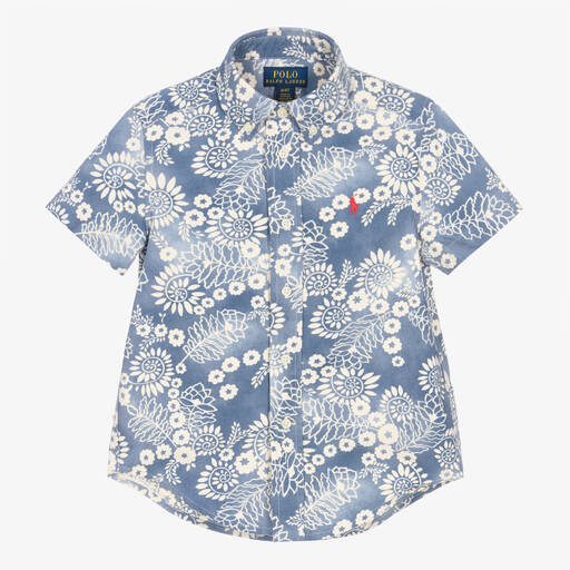 Ralph Lauren-Голубая рубашка в цветочек с короткими рукавами | Childrensalon Outlet