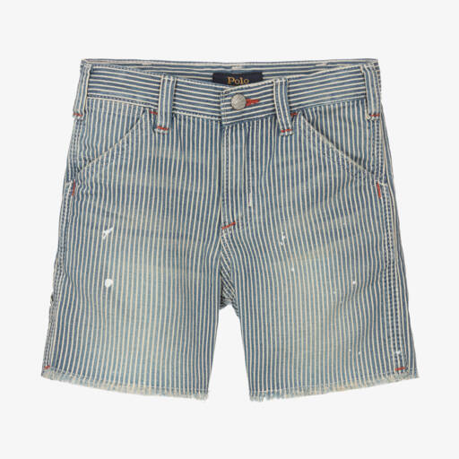 Ralph Lauren-شورت دنيم قطن مقلم لون أزرق وعاجي للأولاد | Childrensalon Outlet