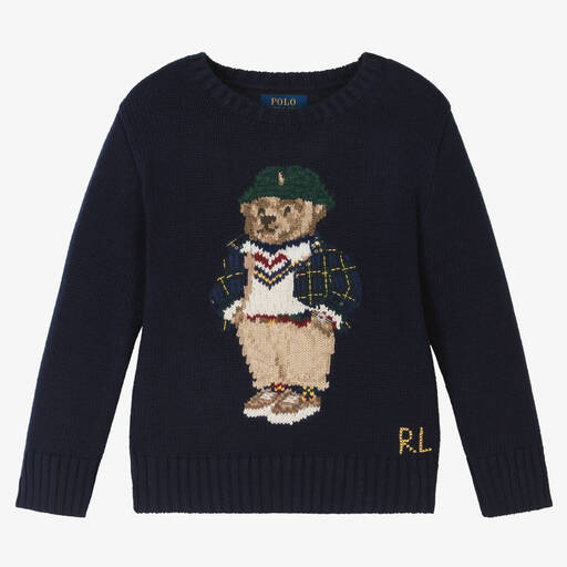 Ralph Lauren-Boys Navy Blue Cotton Polo Bear Sweater | Childrensalon Outlet