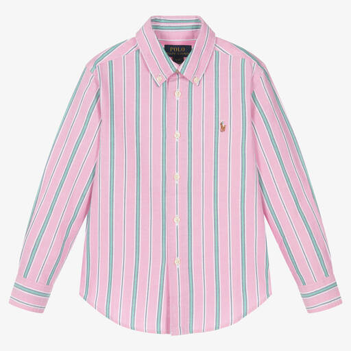 Ralph Lauren-Boys Pink & Green Striped Cotton Shirt | Childrensalon Outlet