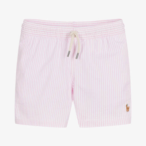 Ralph Lauren-Boys Pink Striped Seersucker Swim Shorts | Childrensalon Outlet