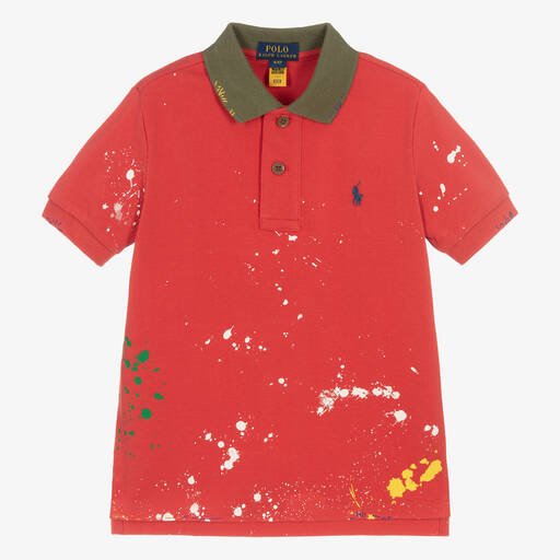 Ralph Lauren-Boys Red Cotton Paint Splatter Polo Shirt | Childrensalon Outlet