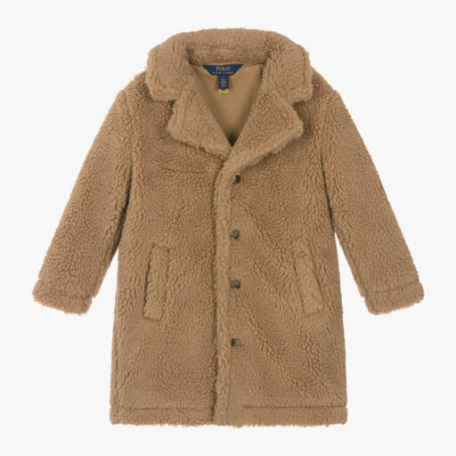 Ralph Lauren-Girls Beige Fleece Button Coat | Childrensalon Outlet