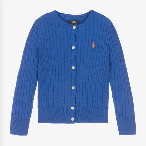 Polo Ralph Lauren-Girls Blue Cable Knit Logo Cardigan | Childrensalon Outlet