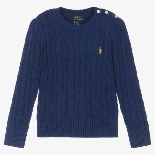 Ralph Lauren-Girls Blue Cotton Cable Knit Sweater | Childrensalon Outlet