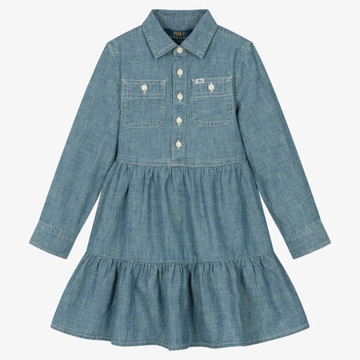Ralph Lauren-فستان قميص قطن شامبري لون أزرق | Childrensalon Outlet