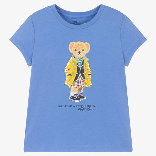 Поло Ralph Lauren-Голубая хлопковая футболка с медвежонком | Childrensalon Outlet