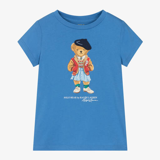 Ralph Lauren-Girls Blue Cotton Polo Bear T-Shirt | Childrensalon Outlet
