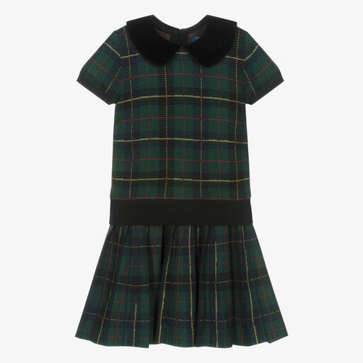Ralph Lauren-طقم تنورة صوف محبوك كاروهات لون أخضر وكحلي | Childrensalon Outlet