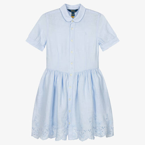Ralph Lauren-Leinenkleid mit Lochstickerei blau | Childrensalon Outlet