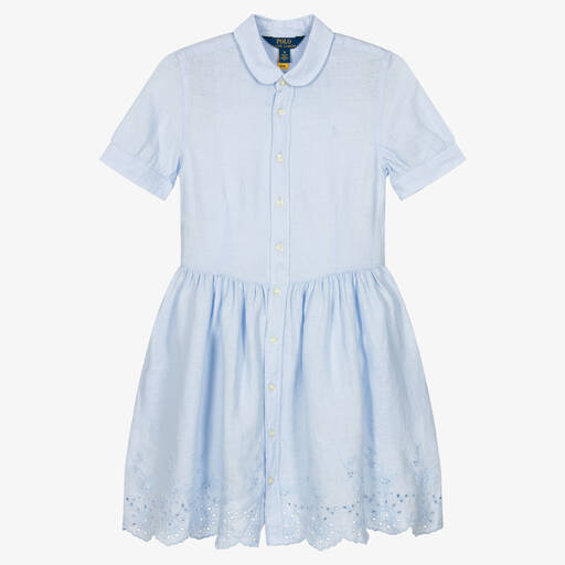 Ralph Lauren-Girls Blue Linen Broderie Anglaise Dress | Childrensalon Outlet