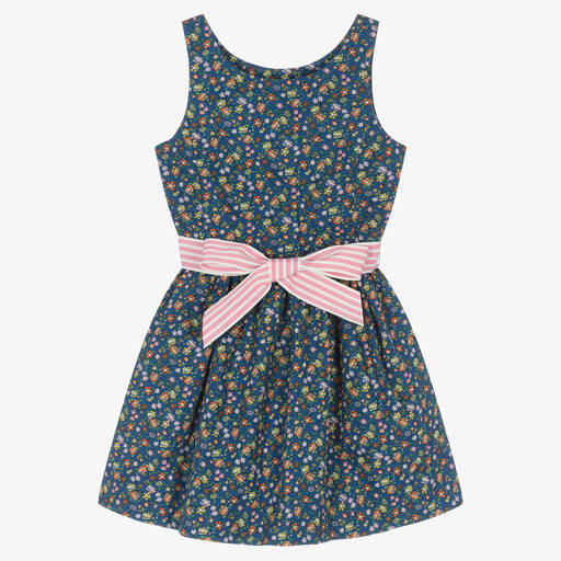 Ralph Lauren-فستان قطن بوبلين لون كحلي وزهري بطبعة ورود | Childrensalon Outlet