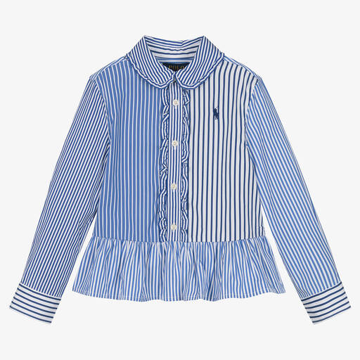 Ralph Lauren-Girls Blue Striped Cotton Shirt | Childrensalon Outlet