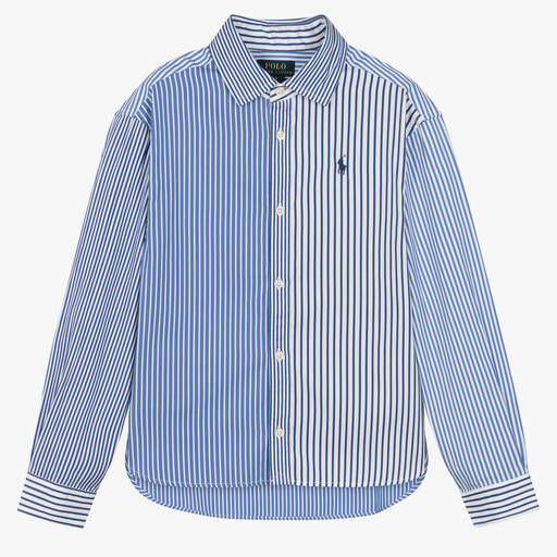 Ralph Lauren-قميص قطن بوبلين مقلّم لون أزرق  و أبيض للبنات | Childrensalon Outlet