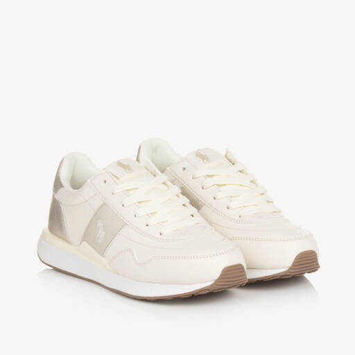 Ralph Lauren-Girls Cream & Gold Faux Leather Sneakers | Childrensalon Outlet