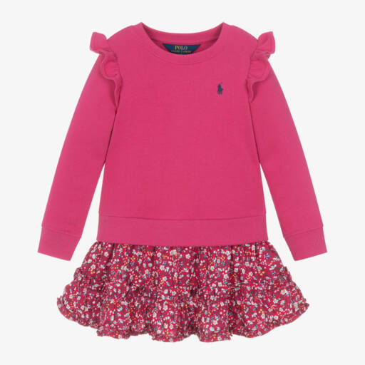 Ralph Lauren-Girls Fuchsia Ruffle Sweatshirt Dress | Childrensalon Outlet
