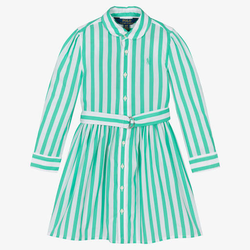Ralph Lauren-فستان قميص قطن بوبلين مقلم لون أبيض وأخضر | Childrensalon Outlet