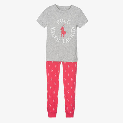 Ralph Lauren-Girls Grey & Pink Cotton Polo Pyjamas | Childrensalon Outlet