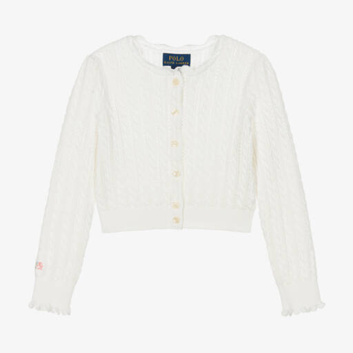 Ralph Lauren-كارديغان قطن محبوك لون أبيض للبنات | Childrensalon Outlet
