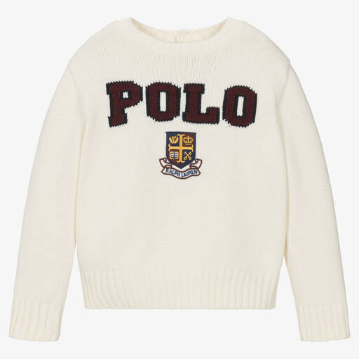 Ralph Lauren-Girls Ivory Cotton Knit Polo Sweater | Childrensalon Outlet