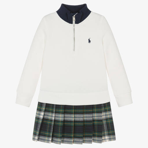 Ralph Lauren-Girls Ivory & Green Tartan Cotton Dress | Childrensalon Outlet