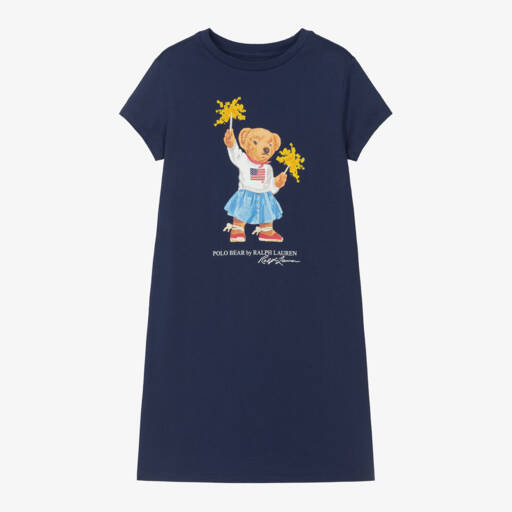 Ralph Lauren-فستان بطبعة تيدي بير قطن جيرسي لون كحلي | Childrensalon Outlet