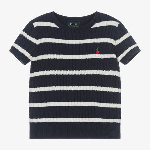 Ralph Lauren-Girls Navy Blue Stripe Cotton Jumper | Childrensalon Outlet