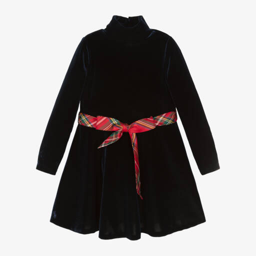 Ralph Lauren-فستان قطيفة بحزام تارتان لون كحلي | Childrensalon Outlet