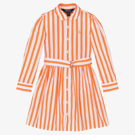 Ralph Lauren-فستان قميص قطن بوبلين مقلم لون أبيض وبرتقالي | Childrensalon Outlet