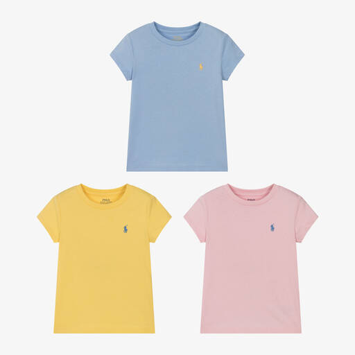Ralph Lauren-تيشيرت قطن لون أصفر وأزرق وزهري (عدد 3) | Childrensalon Outlet