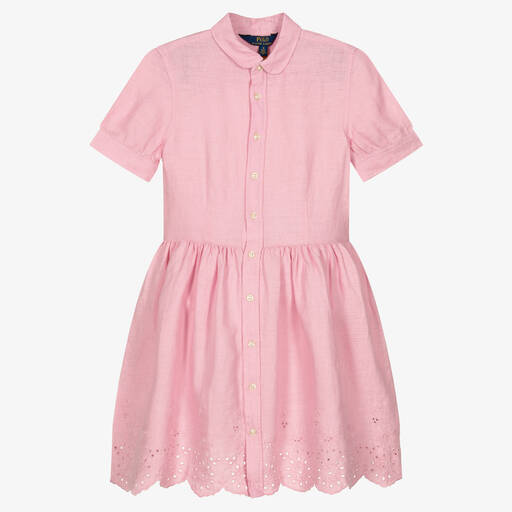 Ralph Lauren-Girls Pink Linen Broderie Anglaise Dress | Childrensalon Outlet
